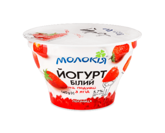 Йогурт «Молокія» білий полуниця на подушці з ягід 5,7%, 140г