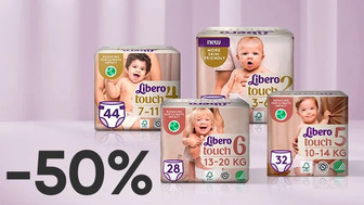 -50% на всі дитячі підгузки та підгузки-трусики Libero Touch